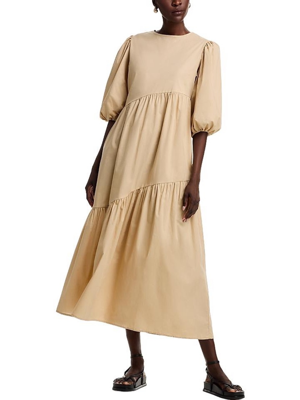The Lulo Project Armenia Puff-Sleeve Tiered Maxi Dress in Camel, Size L, NWT